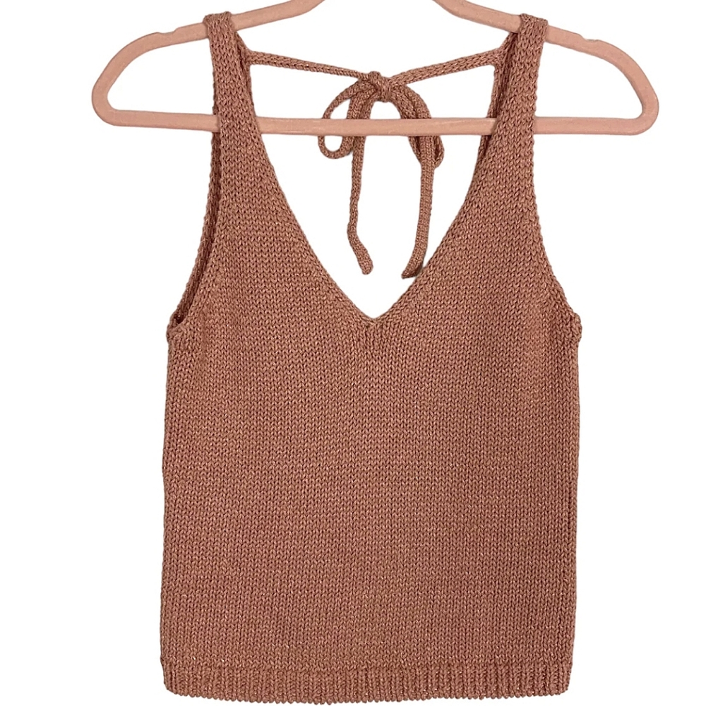 Intermix v-neck Pink Sparkle, knit tie back, tank top shirt, small